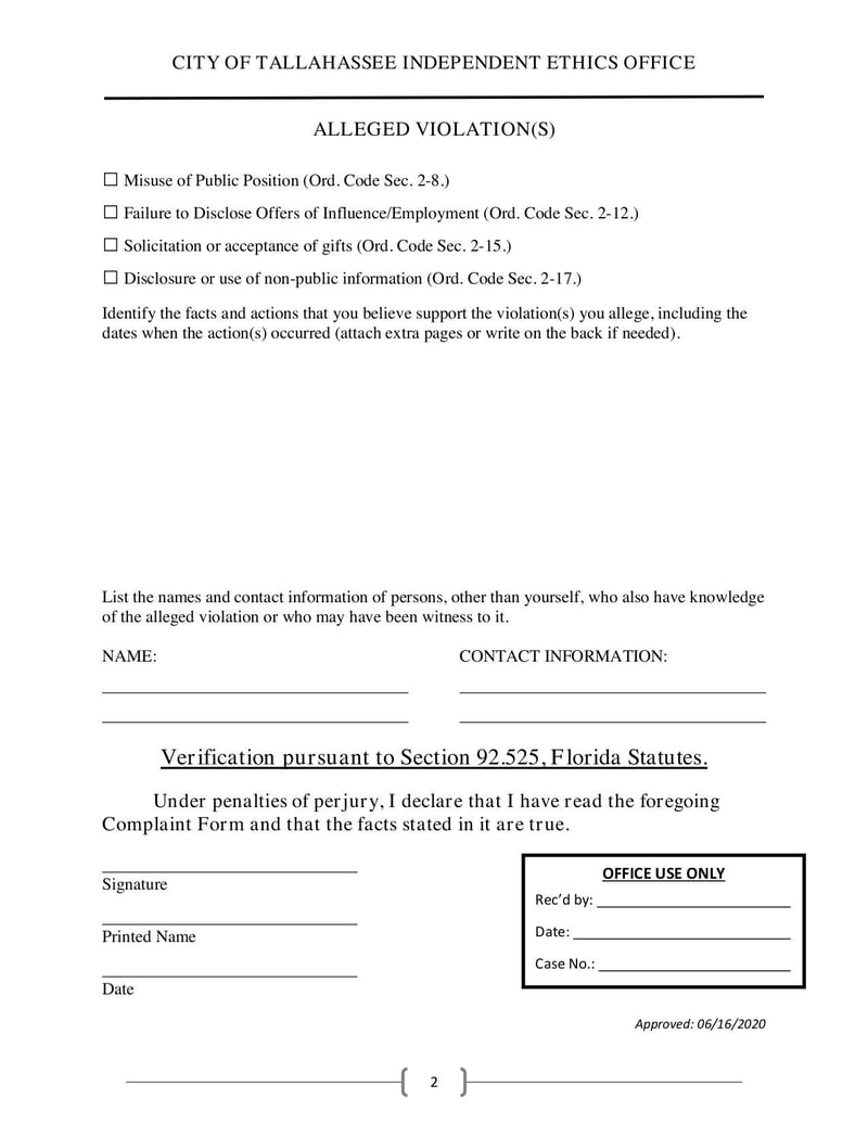 Thumbnail of Sworn Complaint Form - Oct 2020 - page 1