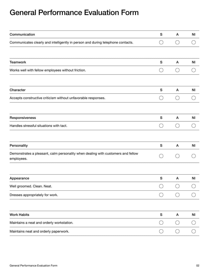 General Performance Evaluation Template for reviewing employee performance