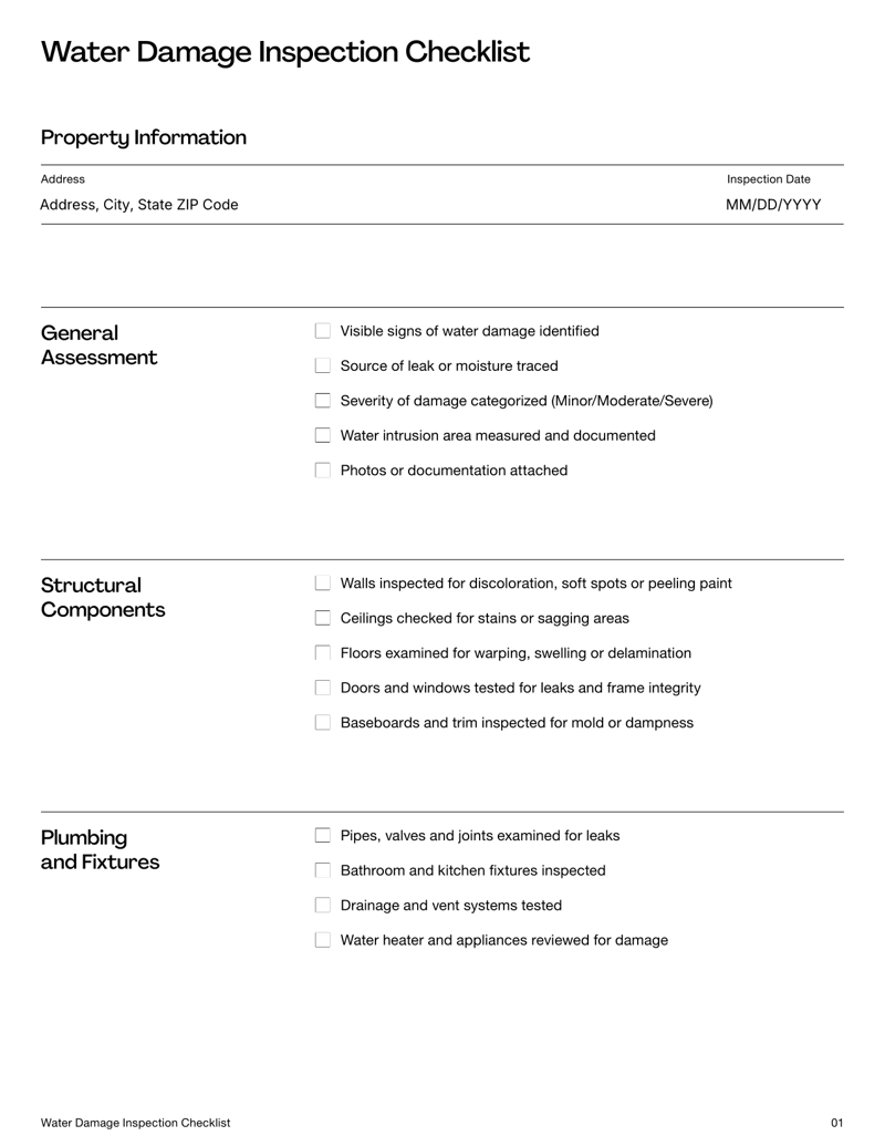 Water Damage Inspection Checklist with items for structural components, plumbing, electrical systems and mold assessment