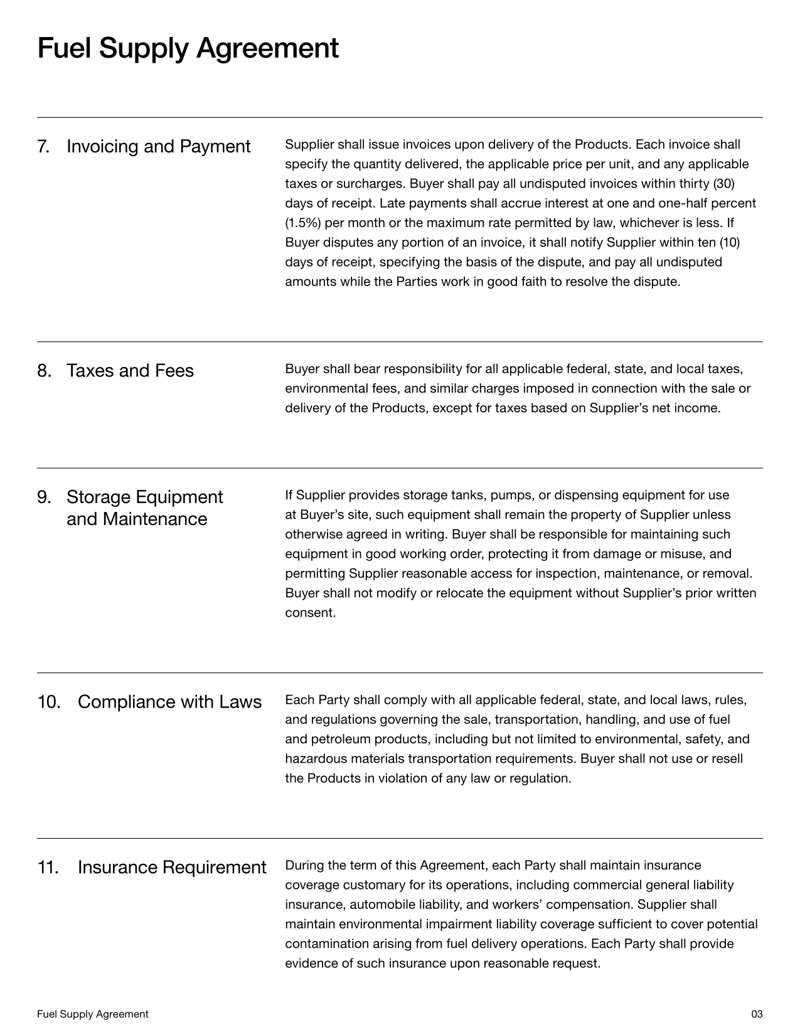 Fuel Supply Agreement detailing fuel delivery, pricing, quality standards and dispute resolution