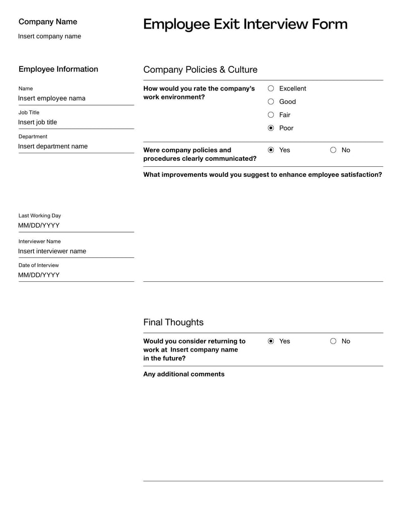 Employee Exit Interview for collecting feedback from departing employees about their work experience