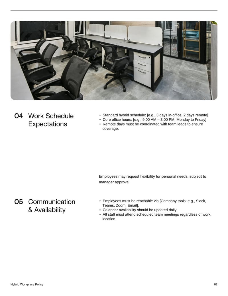 Hybrid Workplace Policy for outlining guidelines on remote and in-office work arrangements