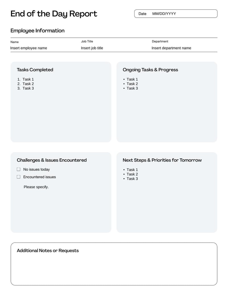End of the Day Report for summarizing daily tasks, progress, and challenges in the workplace