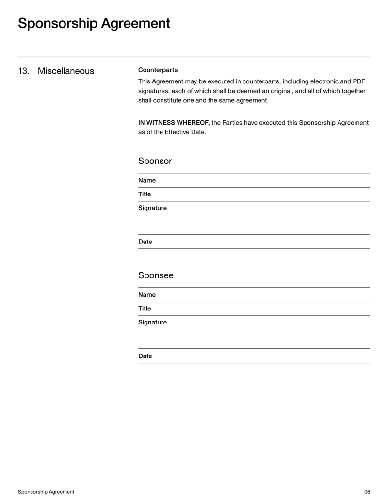 Sponsorship Agreement for defining sponsor contributions and event promotion terms