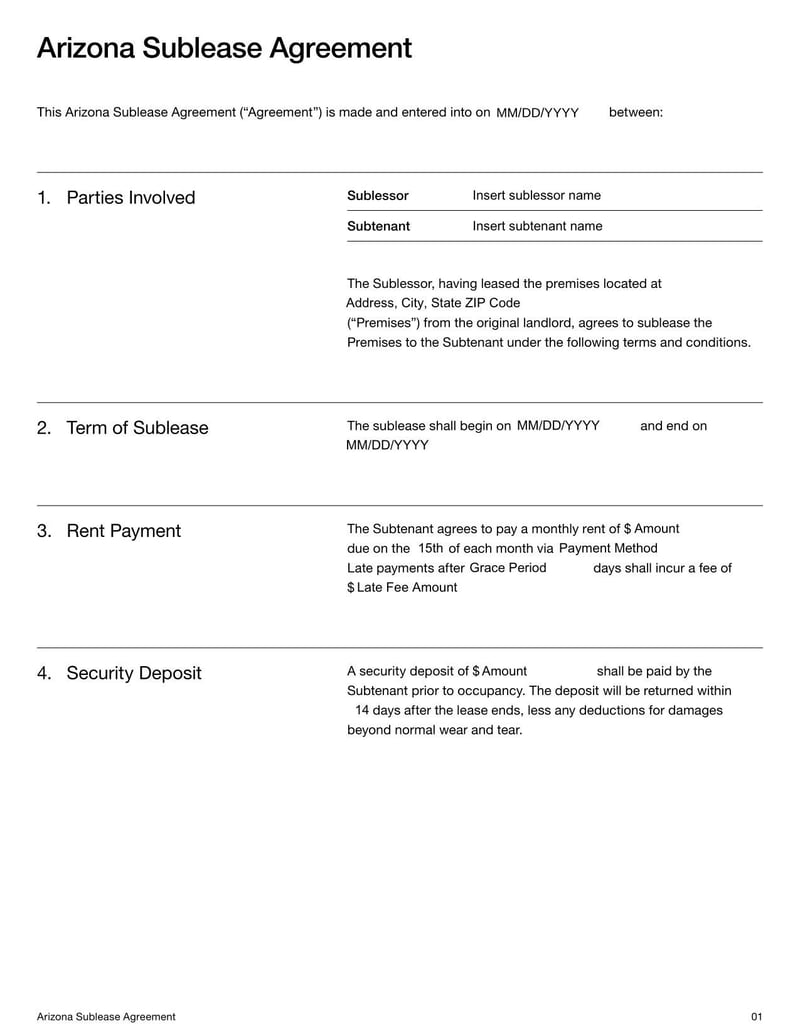 Arizona Sublease Agreement outlining terms for a tenant to sublet the rental property to another party