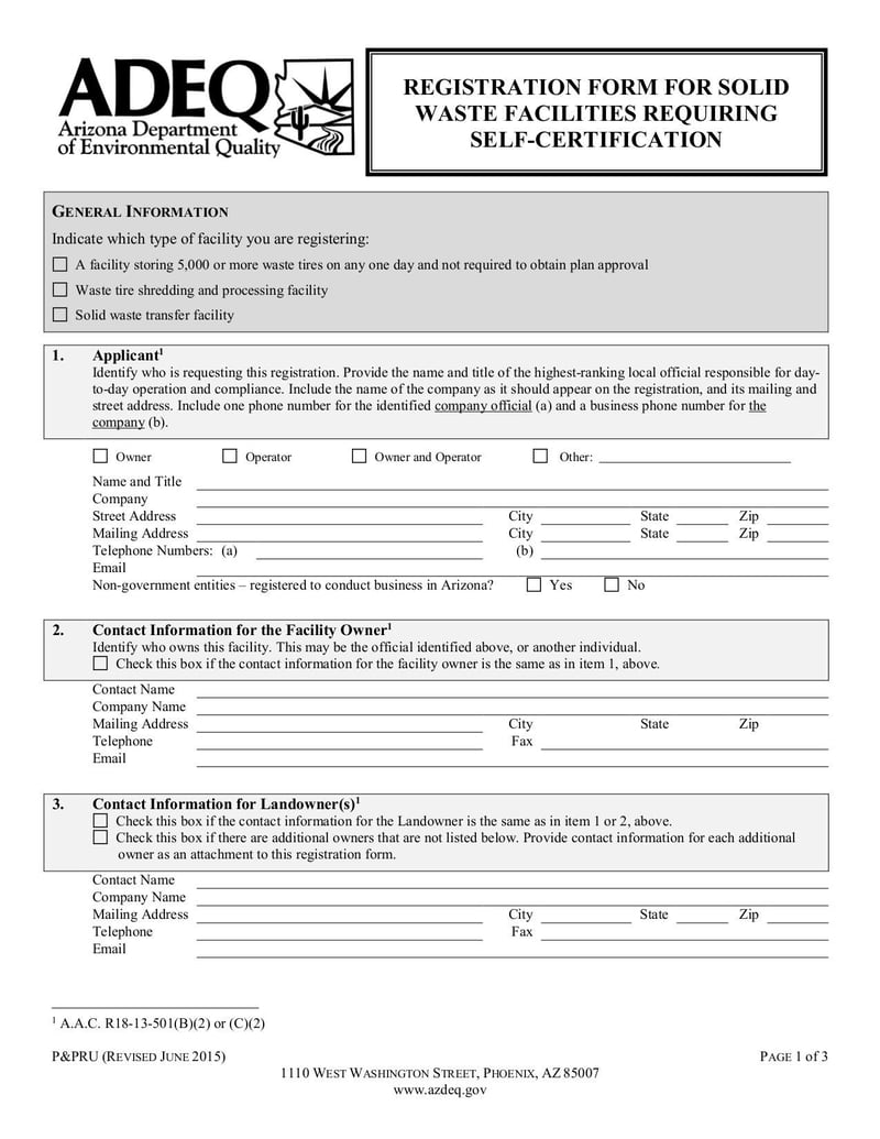 Large thumbnail of Registration Form for Solid Waste Facilities Requiring Self-Certification and Instructions - Jun 2015