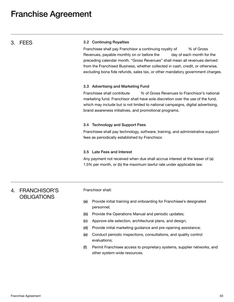 Franchise Agreement form detailing franchisor–franchisee rights and obligations
