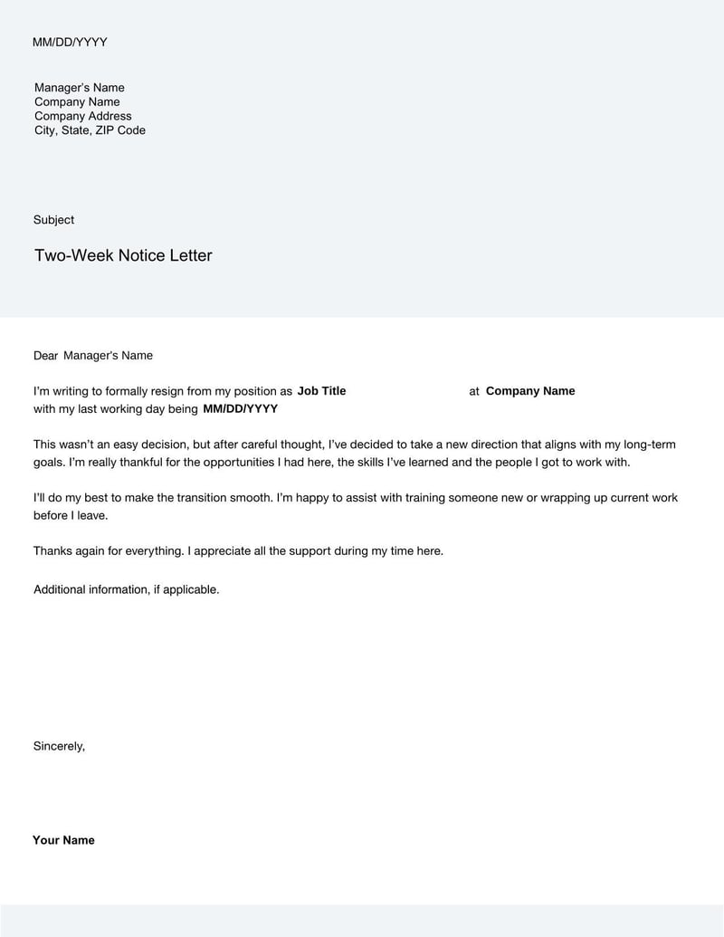 Two Week Notice Letter for informing an employer about voluntary resignation with a two-week notice period