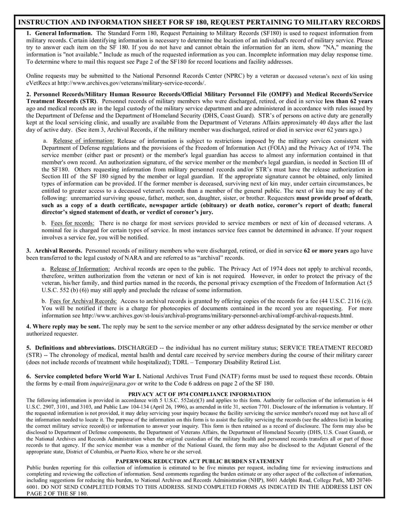 Large thumbnail of Instruction and Information Sheet for SF 180 - May 2012