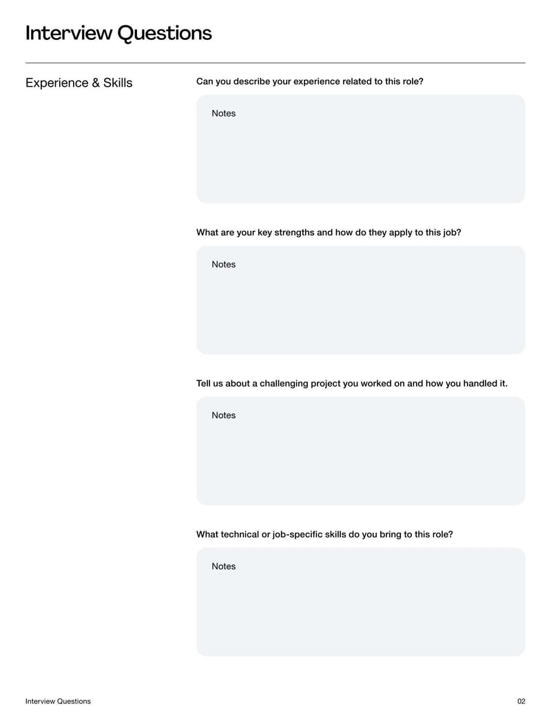 Interview Questions Template for structuring job interviews and evaluating candidates effectively