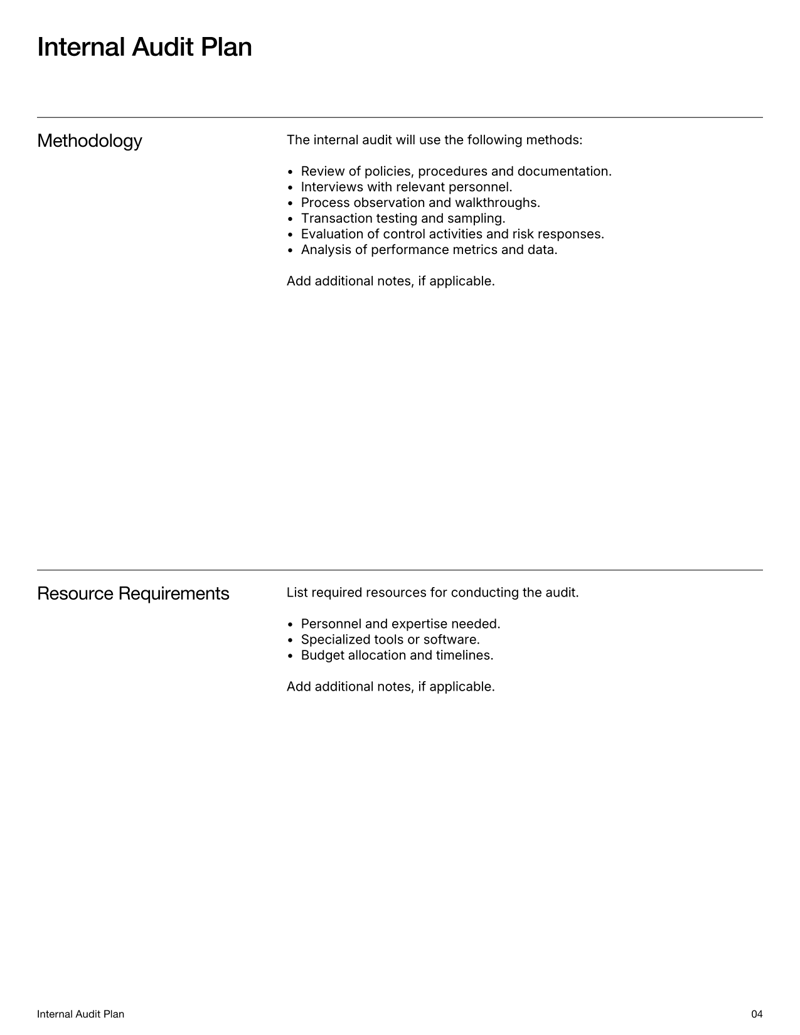 Internal Audit Plan template with sections for audit objectives, scope, risk assessment, schedule and signatures