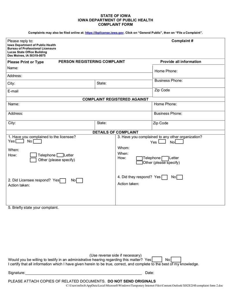 Large thumbnail of State of Iowa Department of Public Health Complaint Form - Aug 2016