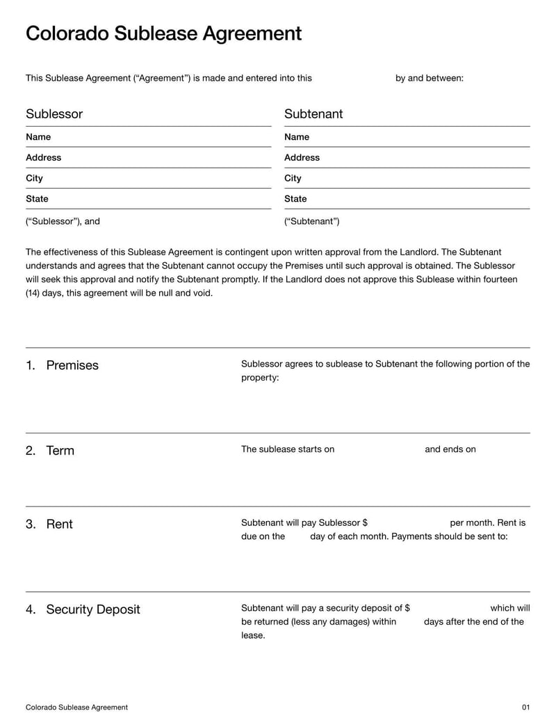 Sublease Agreement Colorado for subleasing arrangements in Colorado