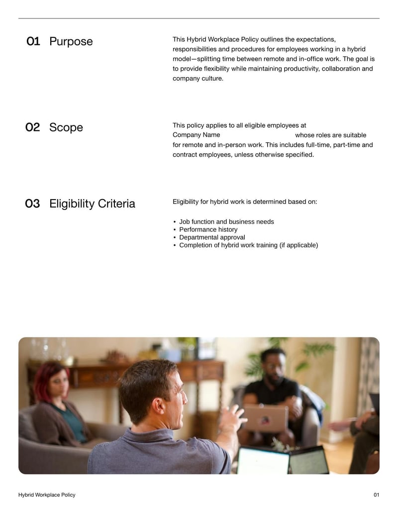 Hybrid Workplace Policy for outlining guidelines on remote and in-office work arrangements