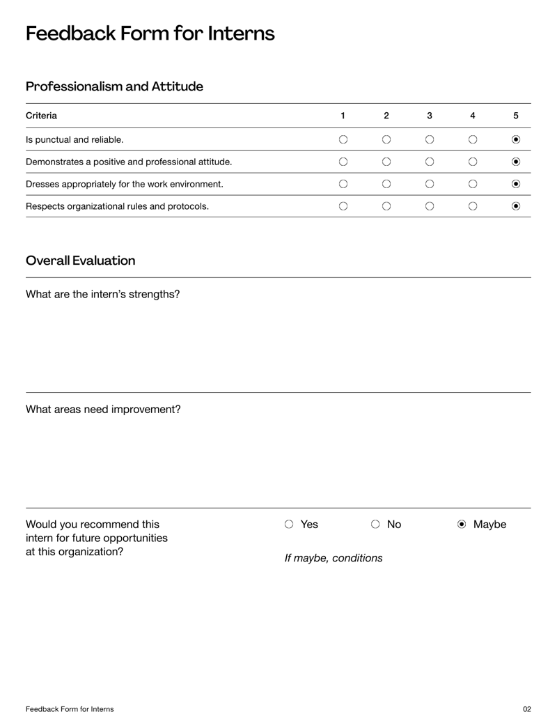 Feedback Form for Interns used to evaluate intern performance