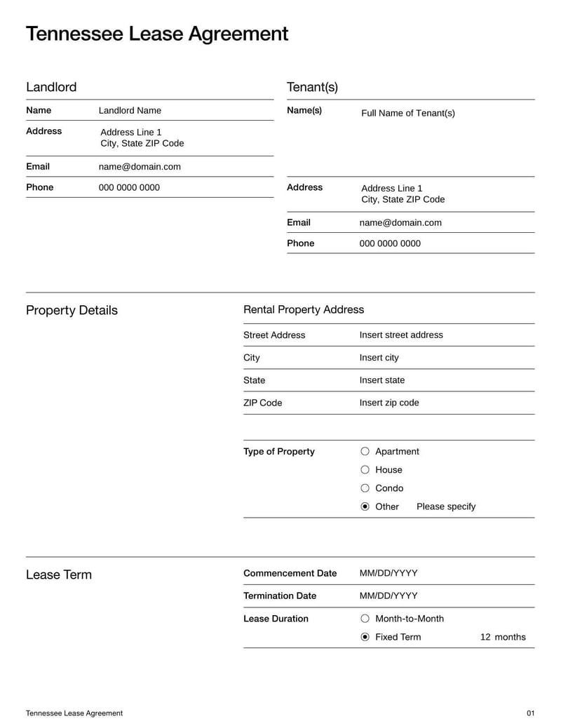 Large thumbnail of Tennessee Lease Agreement Template