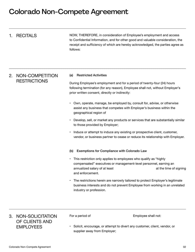 Non-Compete Agreement Colorado for specifying employment restrictions on competitive work within the state’s legal limits