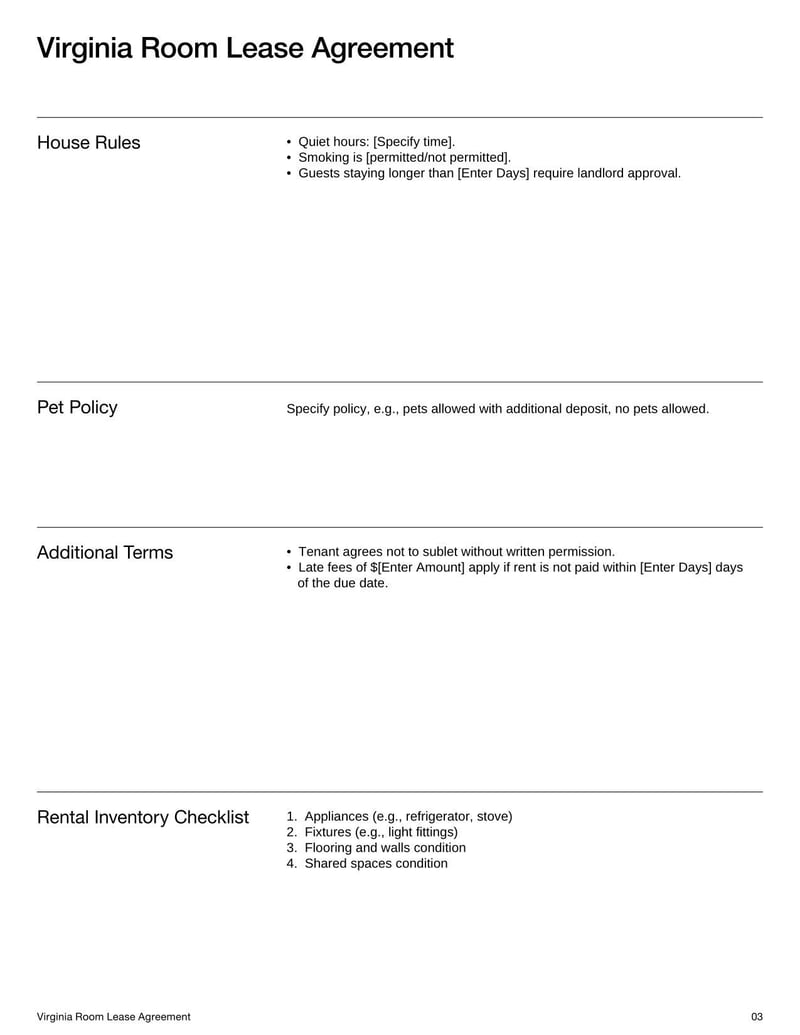 Room Lease Agreement Virginia for specifying rental terms, tenant responsibilities, and use of a room within a residential property 