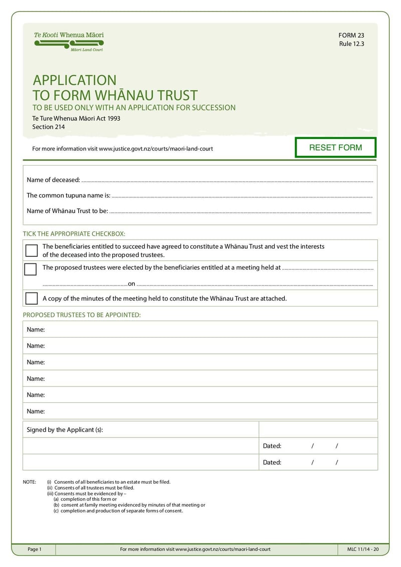 Large thumbnail of MLC Form 23 Application to Form Whanau Trust - Oct 2015