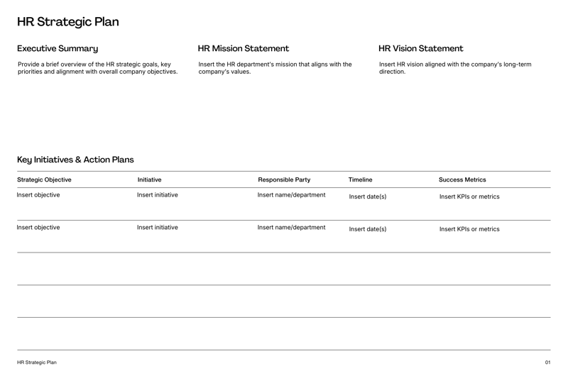 HR strategic plan template for aligning workforce goals with company objectives and compliance tracking