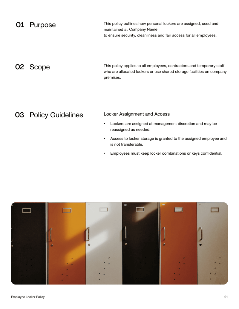 Employee Locker Policy document outlining locker assignment, permitted use, inspections, maintenance, security and acknowledgement