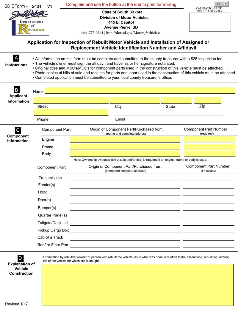 Large thumbnail of South Dakota Application for Inspection of Rebuilt Motor Vehicle and Installation of Assigned or Replacement Vehicle Identification Number and Affidavit