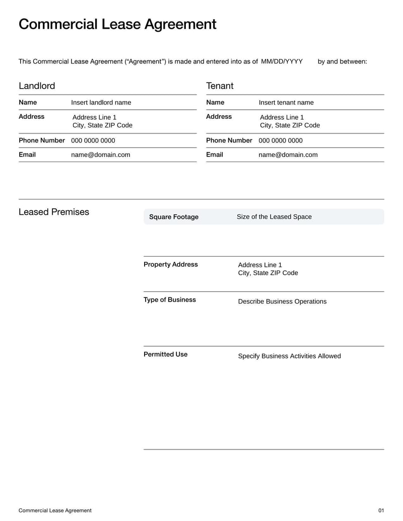 Commercial Lease Agreement for detailing rental terms, property use, and responsibilities between a landlord and a business tenant