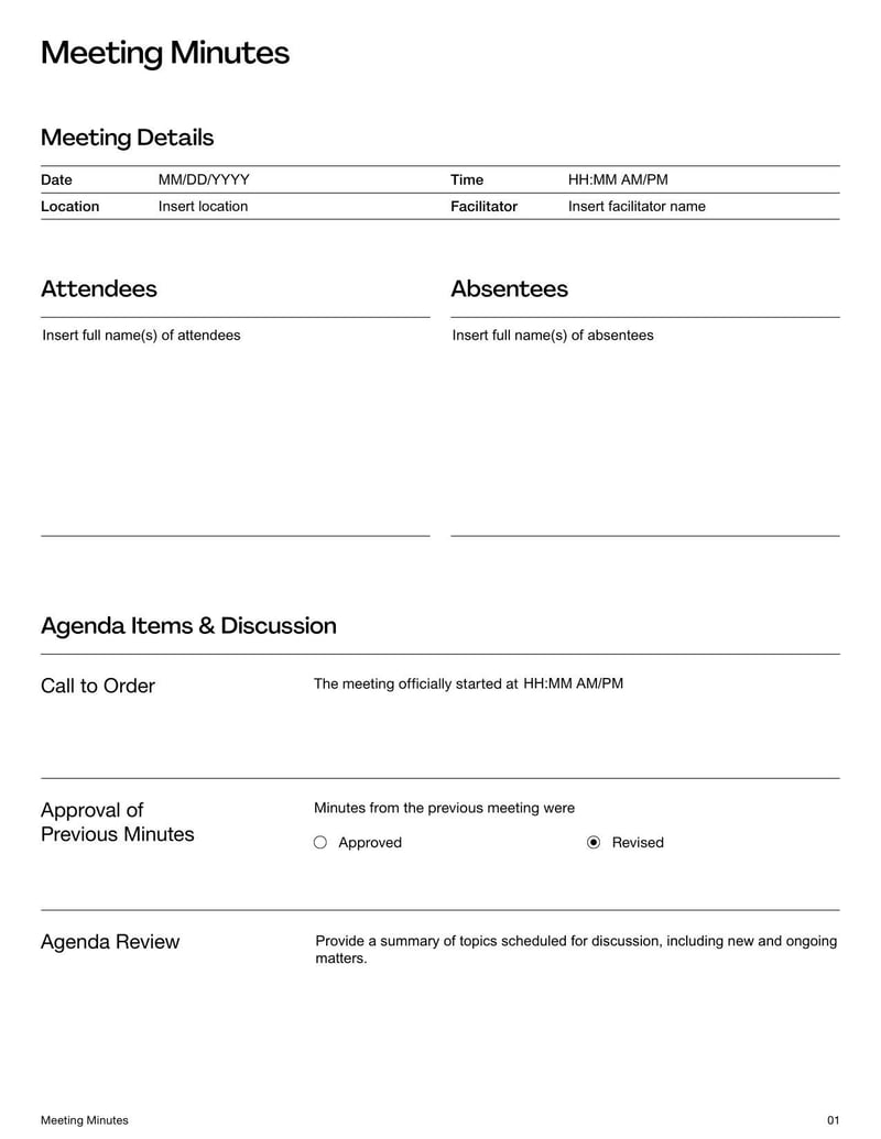 Meeting Minutes Template for recording discussions, decisions, and action items from meetings 