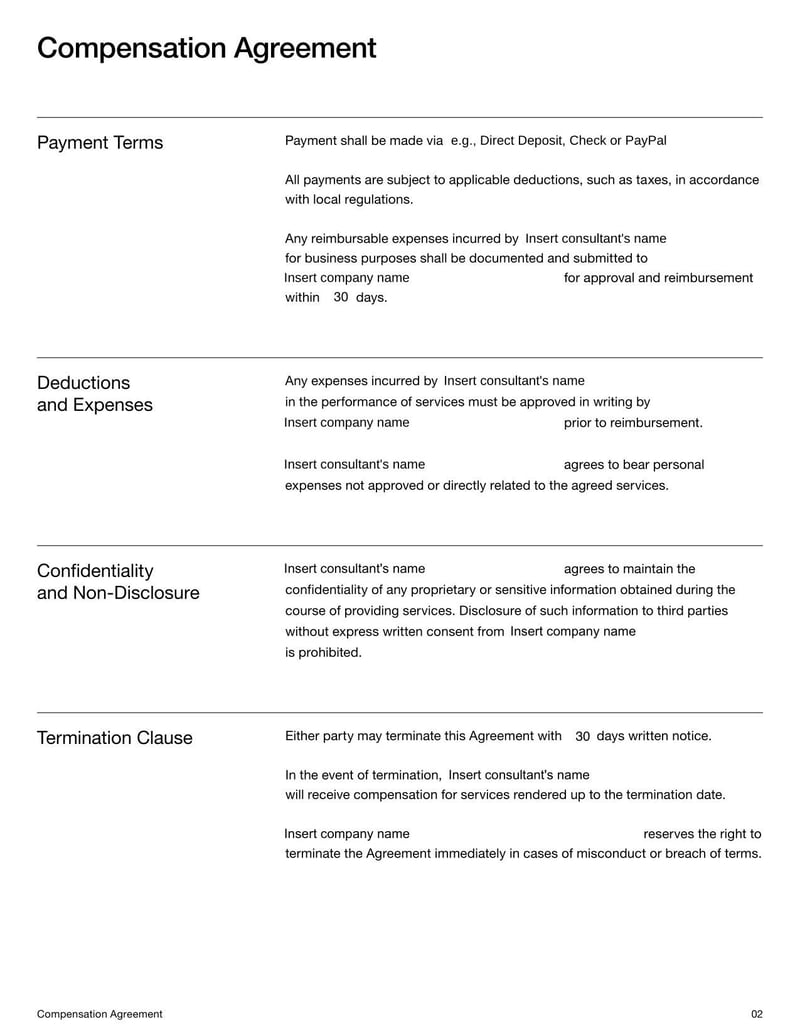 Compensation Agreement Template for setting payment terms for marketing consultants
