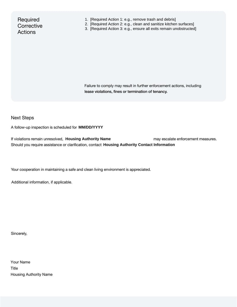 Housing Authority Housekeeping Violation Letter for notifying tenants of cleanliness violations and required actions