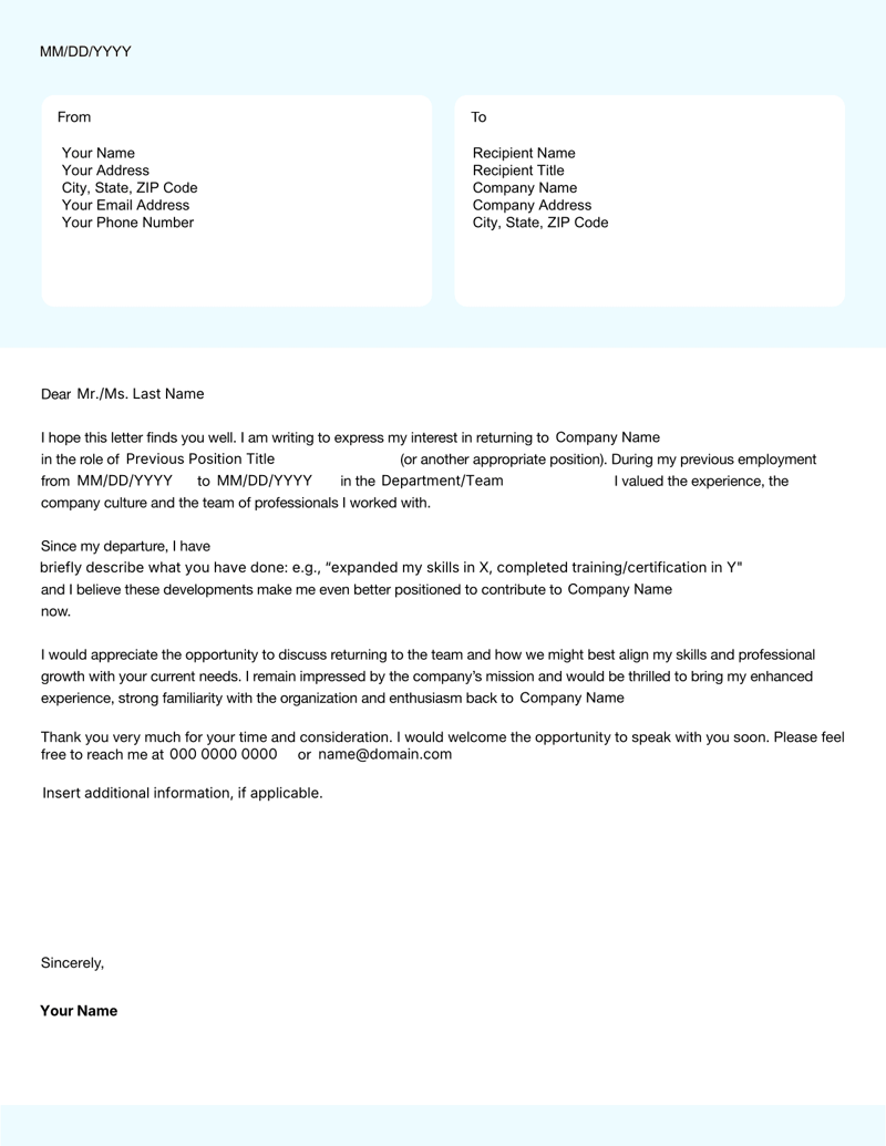 Rehire Letter with sections for employee details, previous position, reason for reapplication, updated qualifications and closing signature