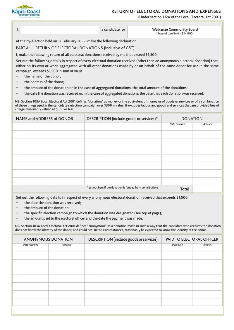 Large thumbnail of Waikanae Community Board By-Election Nomination Form - Jan 2022