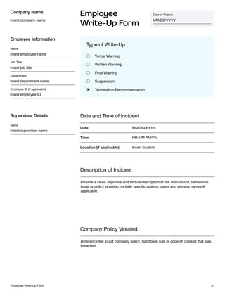 Employee Write Up Form Template | Fill and sign with Lumin