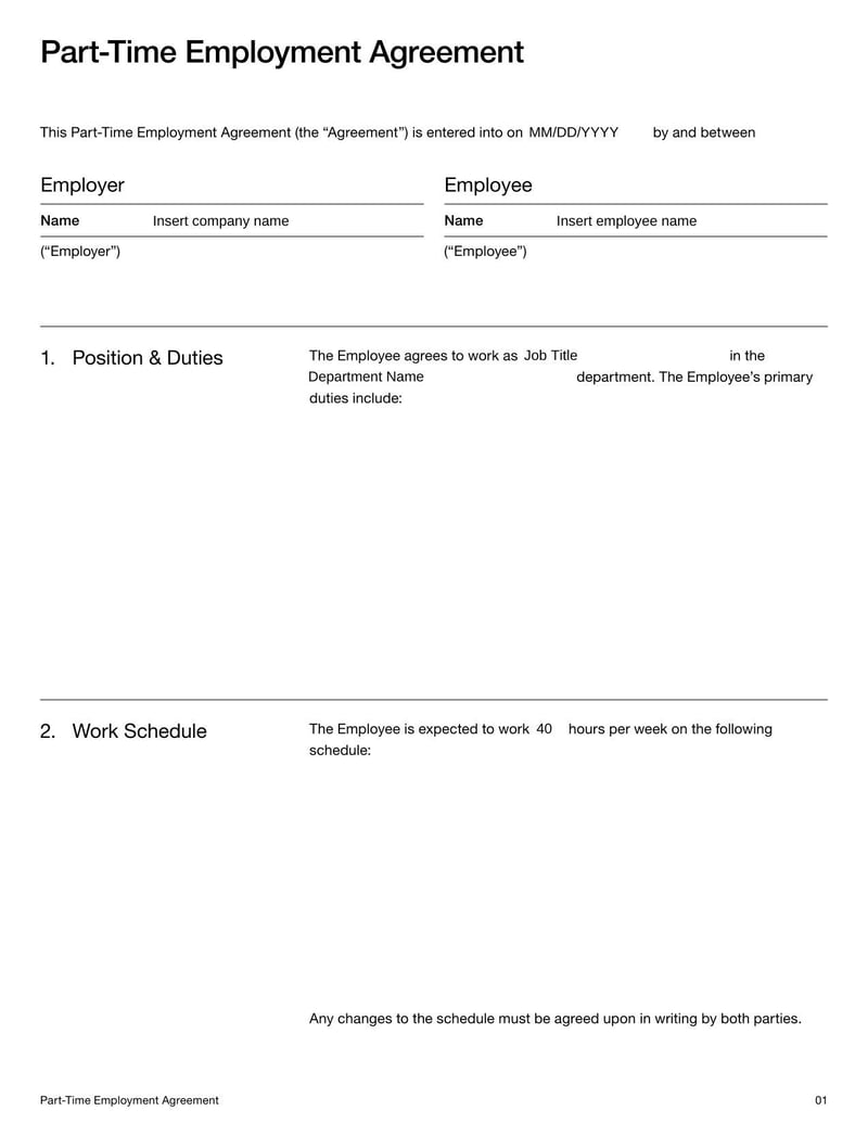 Part-Time Employment Agreement for outlining terms, responsibilities, and compensation for part-time employees