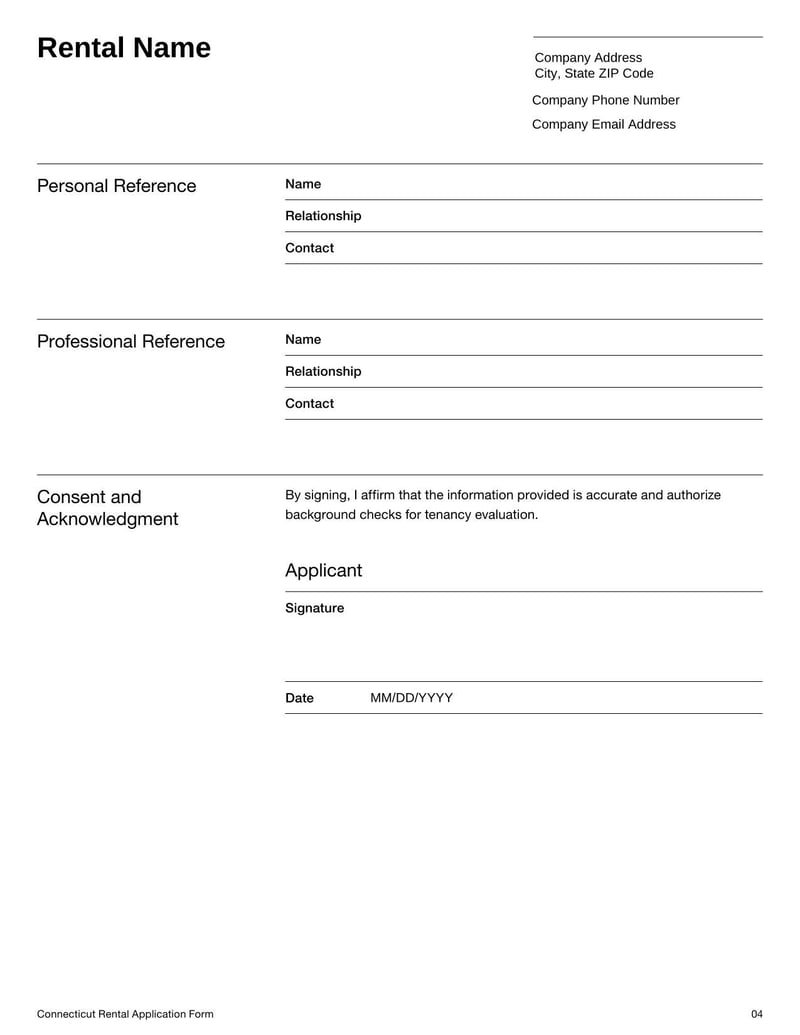 Rental Application Form CT for screening prospective tenants in Connecticut and collecting rental history details