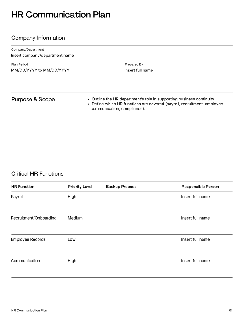 HR Business Continuity Plan template with sections for critical HR functions, risks, recovery strategies and communication protocols