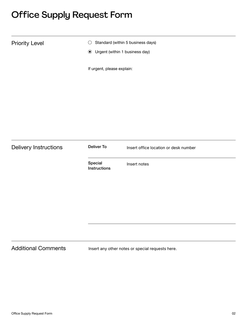 Office Supply Request Form for tracking and managing workplace supply needs