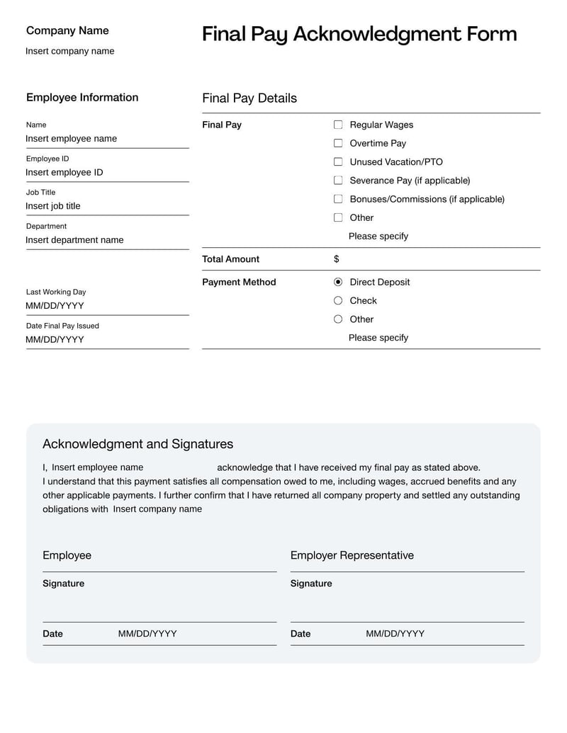 Final Pay Acknowledgment Form for confirming receipt of an employee’s last paycheck and related compensation