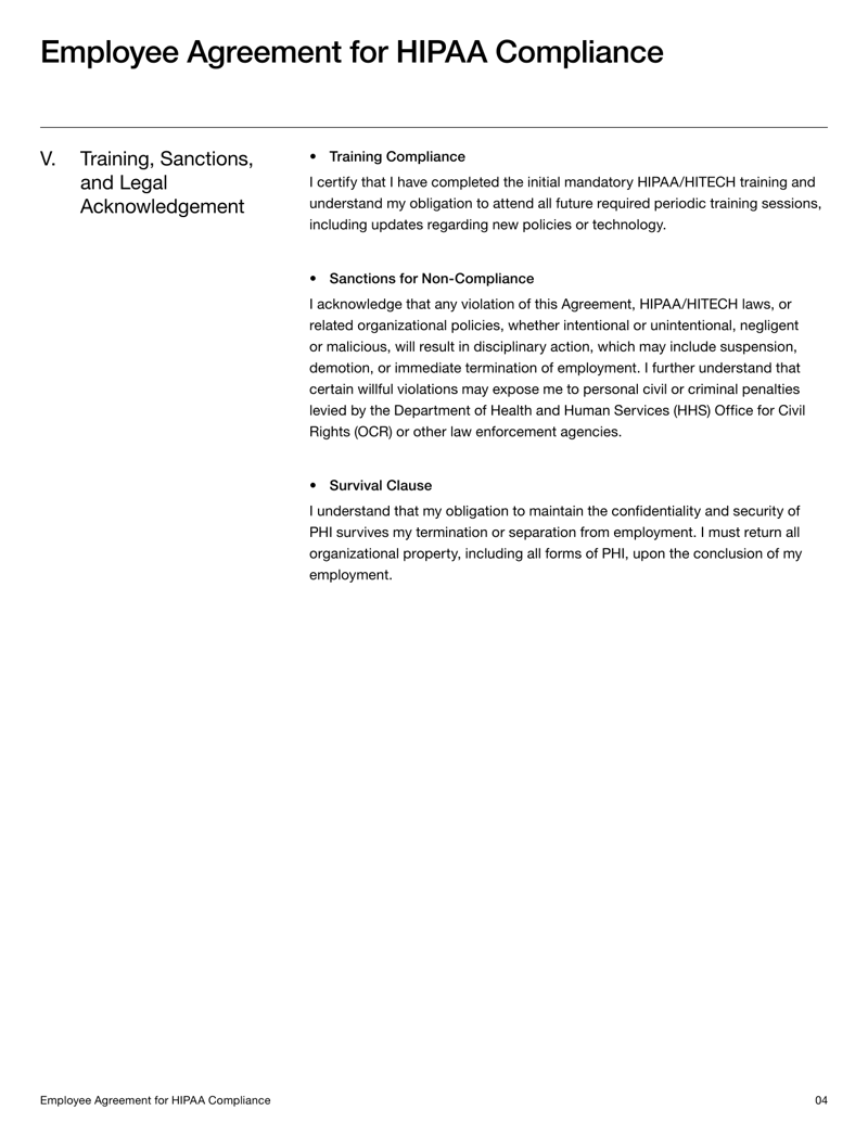 Employee HIPAA Compliance Form acknowledging responsibilities for PHI privacy, security and breach reporting