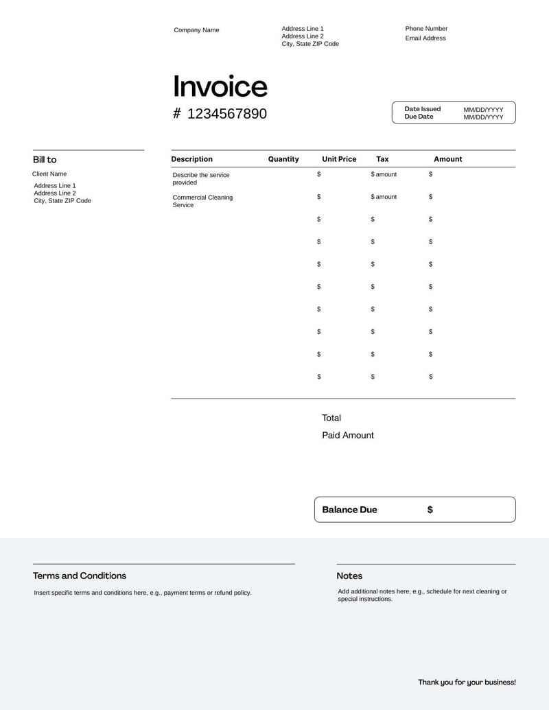 Cleaning Invoice for charging clients for residential or commercial cleaning services