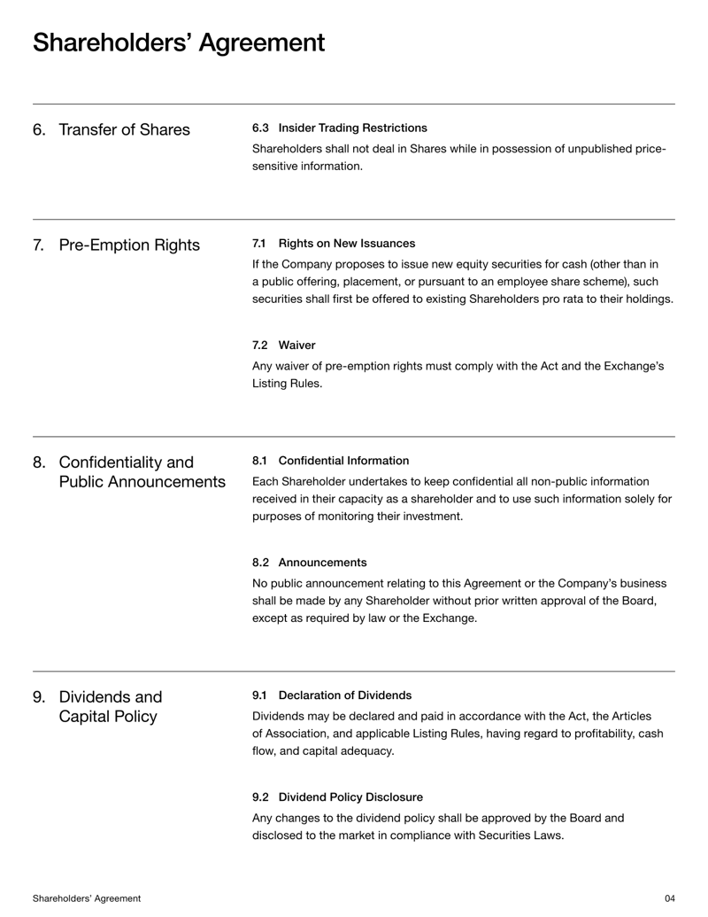 Shareholders’ Agreement (Public Company) covering shareholder rights, governance, dividends, voting and dispute resolution