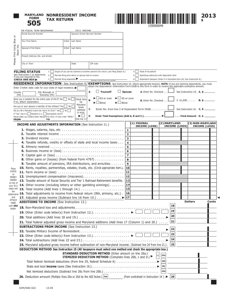 Thumbnail of Maryland Form 505 Nonresident Income Tax Return - Sep 2017 - page 0