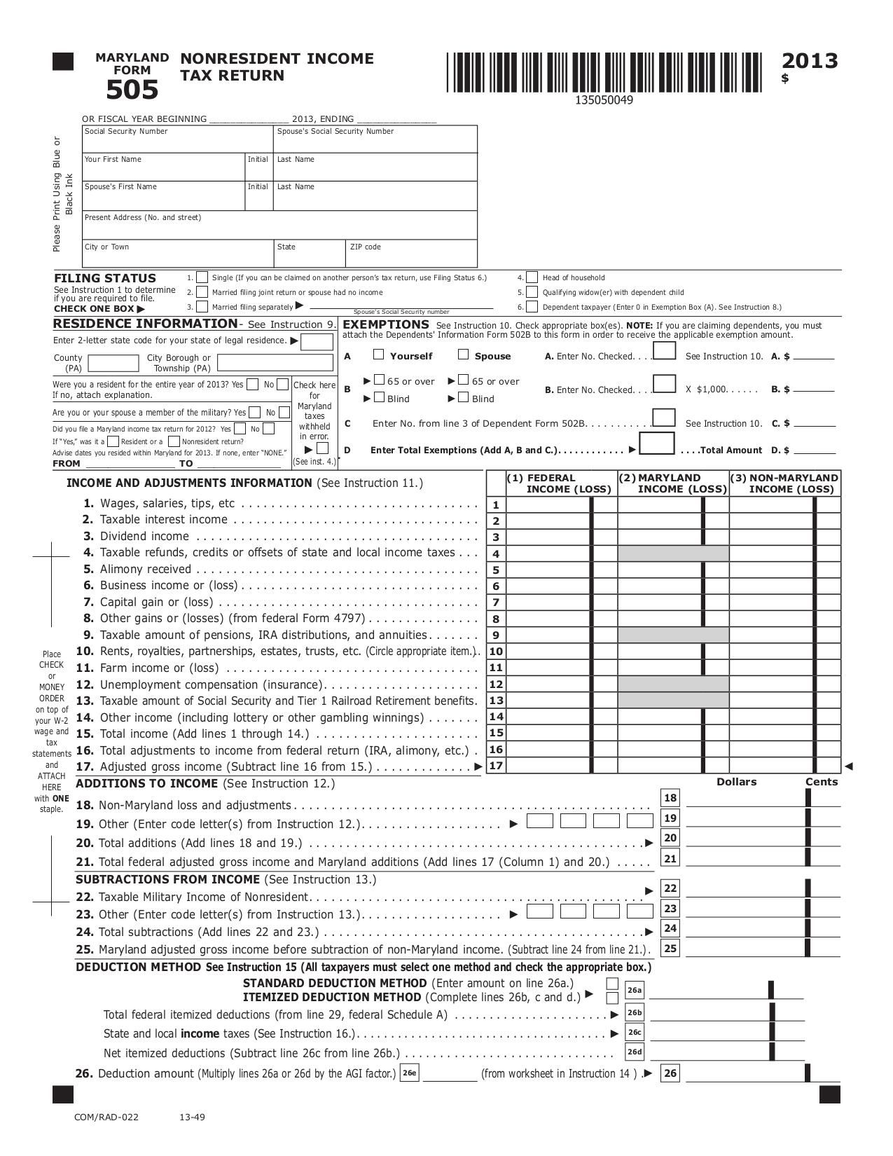 Maryland Form 505 Nonresident Tax Return Fill and sign online with Lumin