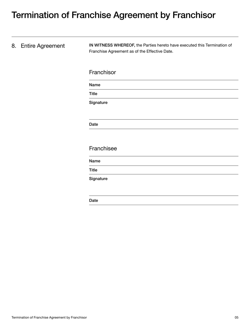 Termination of Franchise Agreement by Franchisor detailing default grounds, post-termination duties and enforcement rights