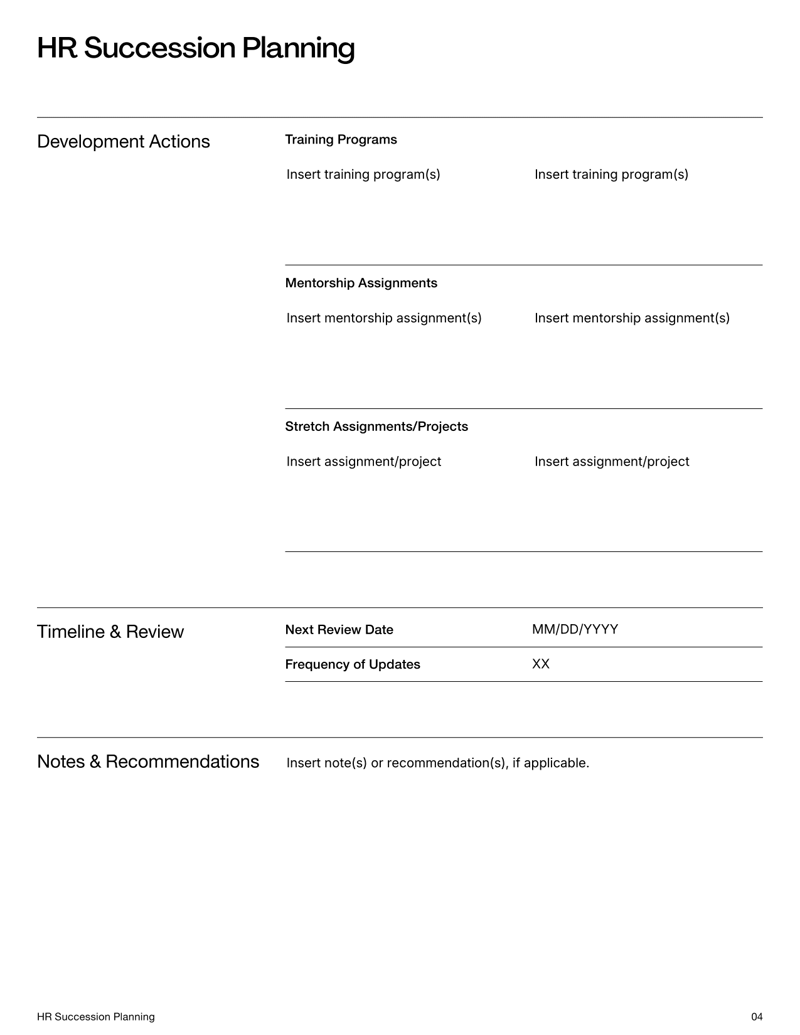 HR Succession Planning covering key roles, successors, development plans and review dates