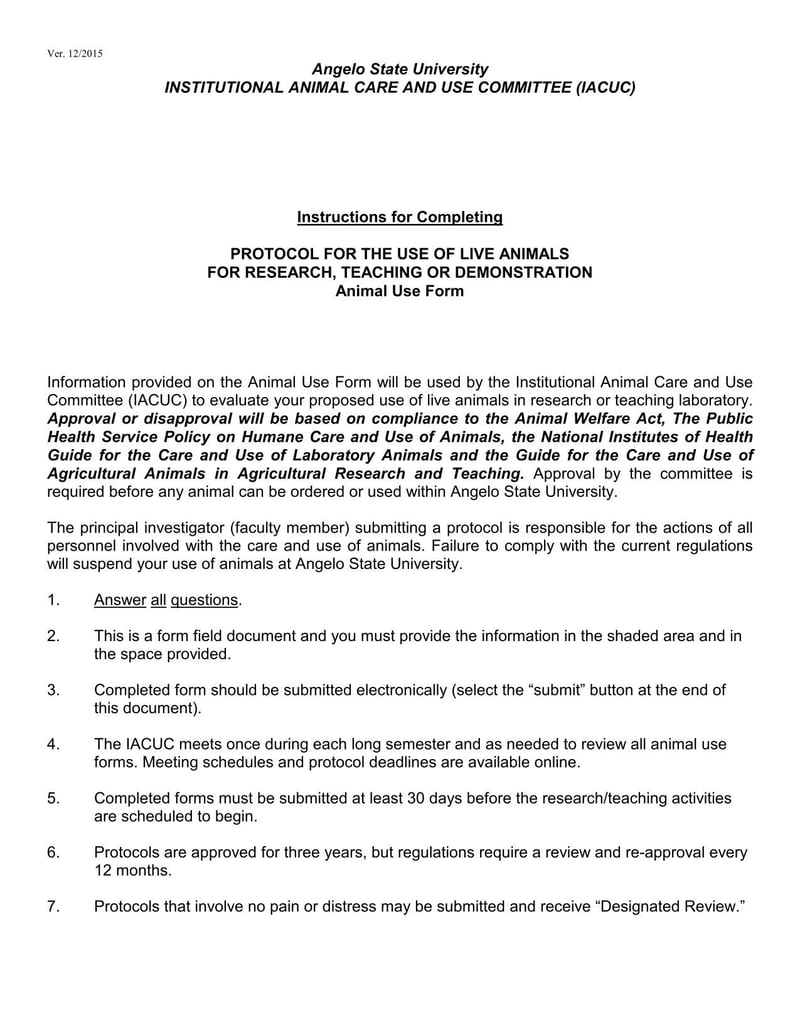 Large thumbnail of Angelo State University Protocol for the Use of Live Animals for Research, Teaching or Demonstration