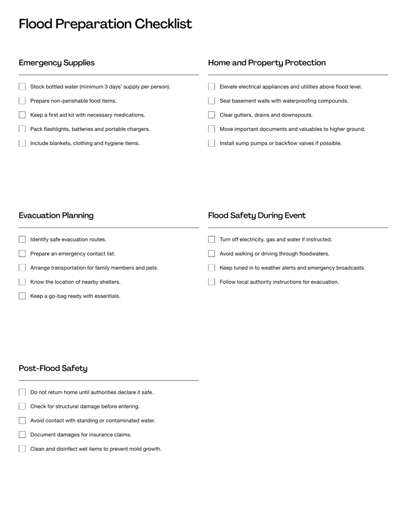 Flood Preparation Checklist covering emergency kits, property protection, utility safety, evacuation planning and business continuity