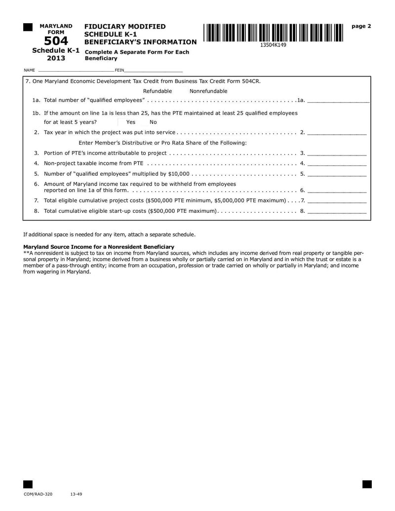 Large thumbnail of Maryland Form 504 Schedule K-1 - Sep 2017