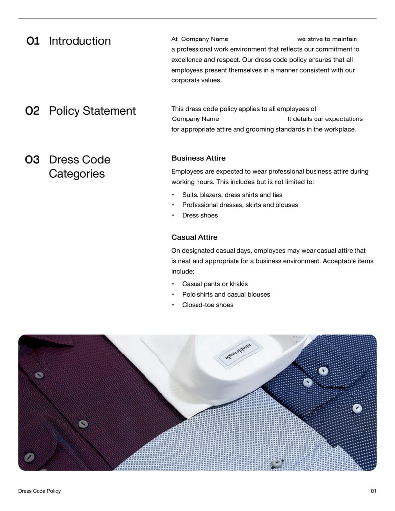 Dress Code Policy Document specifying workplace attire expectations and guidelines