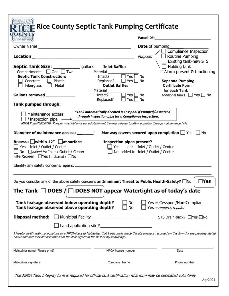 Large thumbnail of Rice County Septic Tank Pumping Certificate